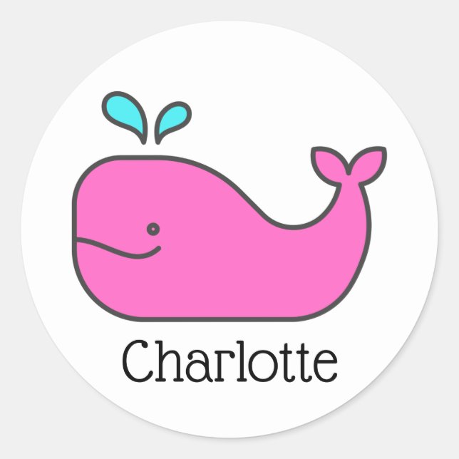 Preppy Pink and Aqua Whale Personalised Classic Round Sticker (Front)