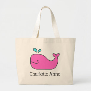 Preppy Pink and Aqua Whale Personalised Large Tote Bag