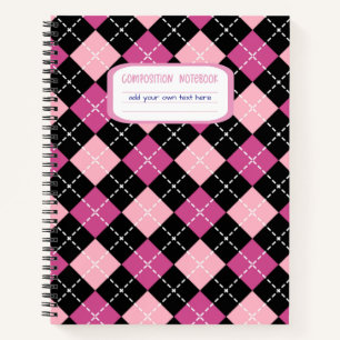 Preppy Pink and Black Argyle Plaid Composition Notebook