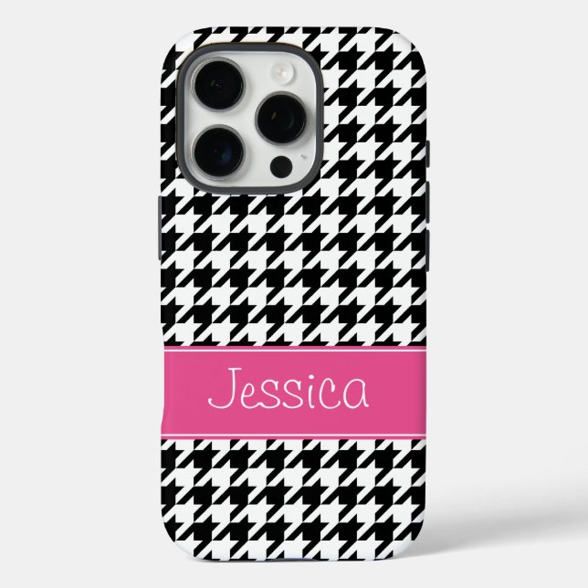 Preppy Pink and Black Houndstooth Personalised Case-Mate iPhone Case (Back)