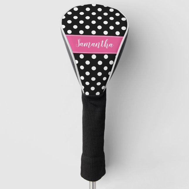 Preppy Pink and Black Polka Dots Personalized Golf Head Cover (Front)