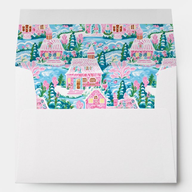 Preppy Pink and Blue Christmas Village Envelope (Back (Bottom))