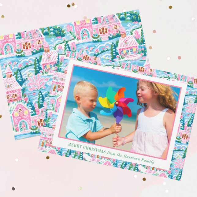 Preppy Pink and Blue Christmas Village Photo Holiday Card (Creator Uploaded)