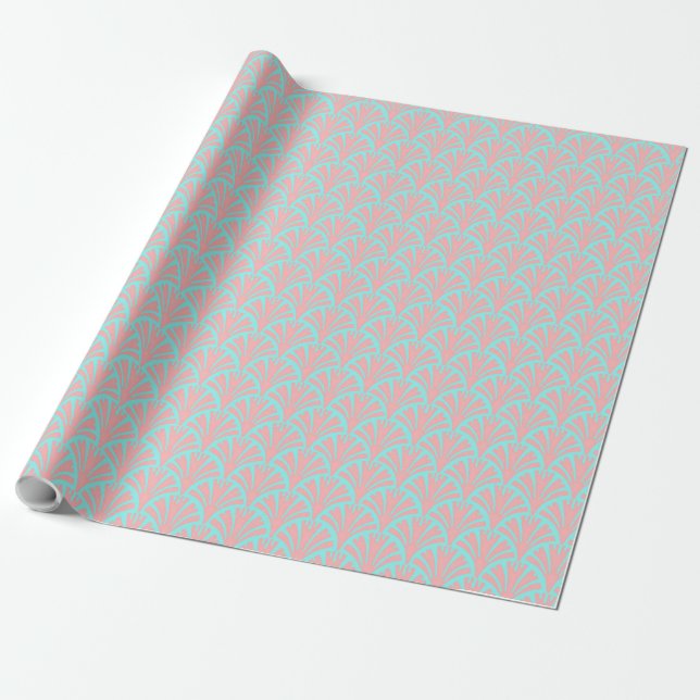 Preppy Pink and Blue Fan Pattern Wrapping Paper (Unrolled)