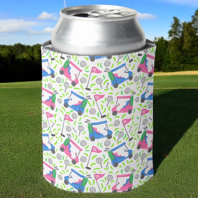 Preppy Pink and Blue Golf Cart / Golf Pattern Can Cooler (Creator Uploaded)