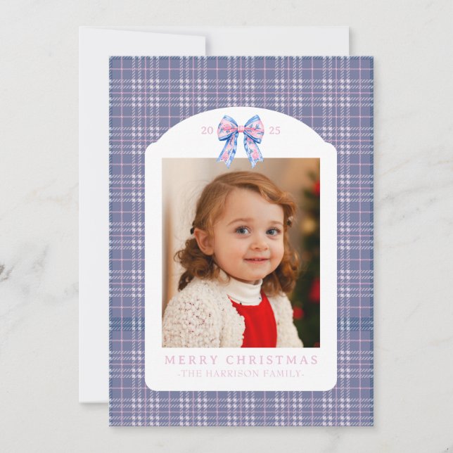 Preppy Pink and Blue Plaid Chinoiserie Bow Holiday Card (Front)