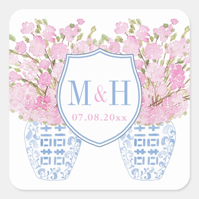 Preppy Pink And Blue Wedding Monogram Crest Square Square Sticker (Front)