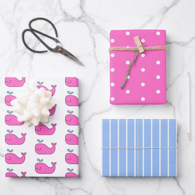 Preppy Pink and Blue Whales Polka Dots and Stripes Wrapping Paper Sheet (Front)