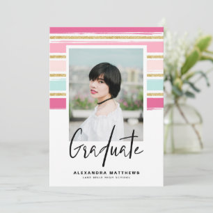 Preppy Pink and Gold Glitter Photo Graduation Invitation