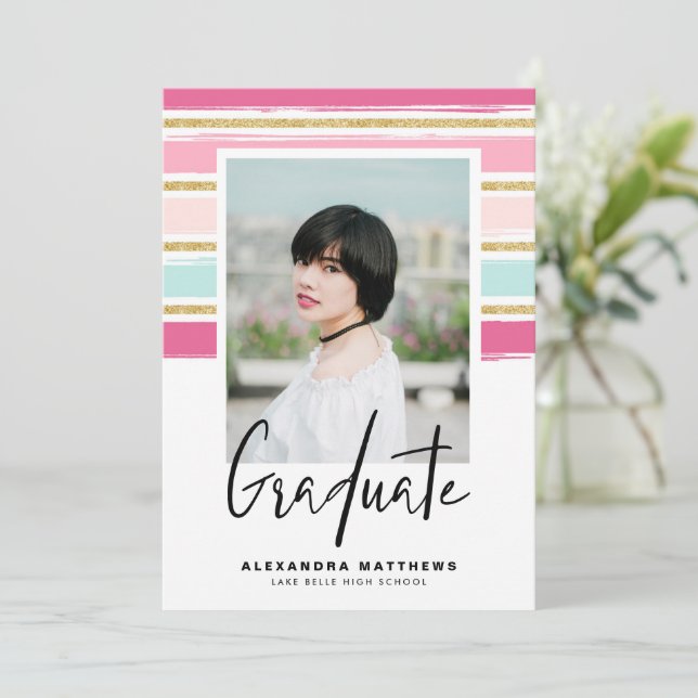 Preppy Pink and Gold Glitter Photo Graduation Invitation (Standing Front)