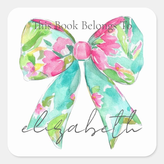 Preppy Pink and Green Bow Personalised Bookplate Square Sticker (Front)