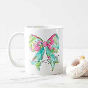 Preppy Pink and Green Bow Personalised Coffee Mug