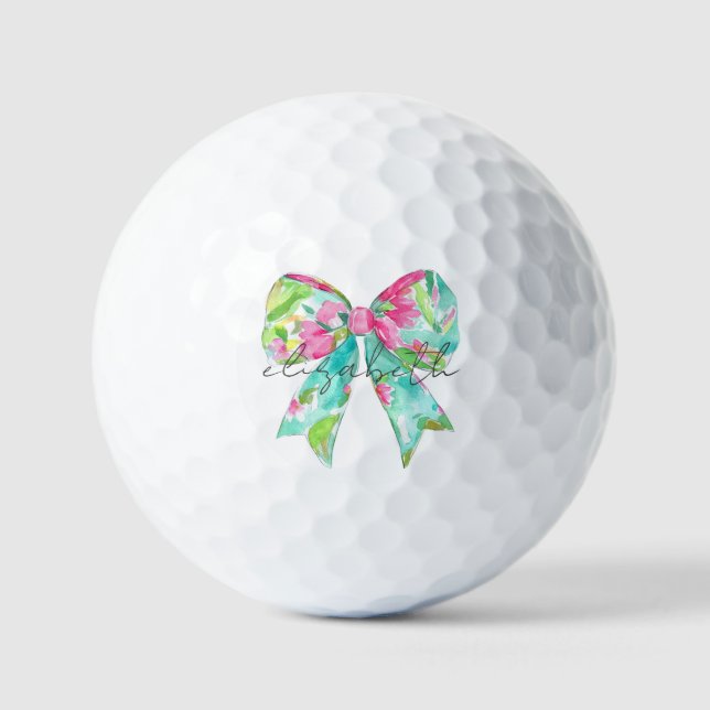 Preppy Pink and Green Bow Personalised Golf Balls (Front)