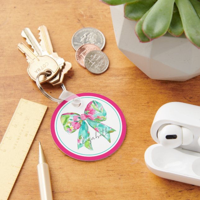 Preppy Pink and Green Bow Personalised Key Ring (Desk)