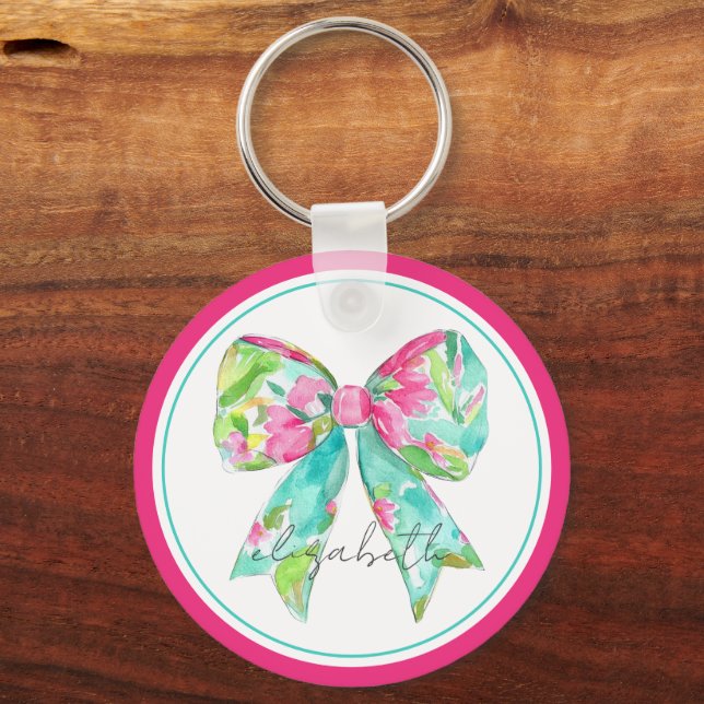 Preppy Pink and Green Bow Personalised Key Ring (Front)