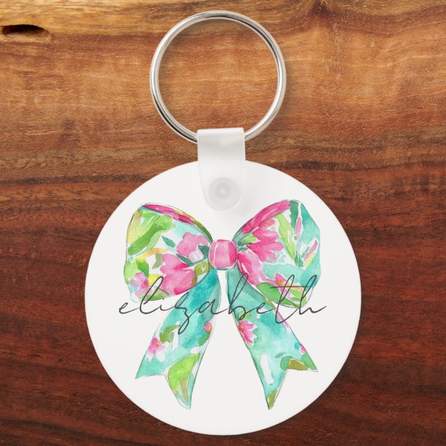 Preppy Pink and Green Bow Personalised Key Ring (Front)