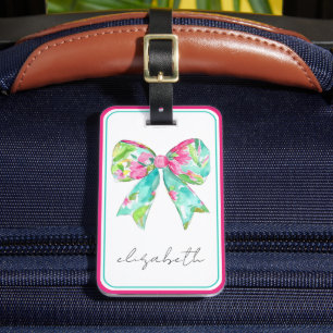 Preppy Pink and Green Bow Personalised Travel Luggage Tag