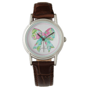 Preppy Pink and Green Bow Personalised Watch