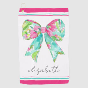Preppy Pink and Green Bow Personalized Golf Towel