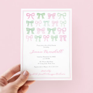 Preppy Pink And Green Bows Baby Girl Shower Invitation