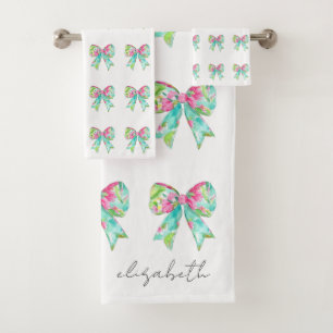 Preppy Pink and Green Bows Personalised Bath Towel Set