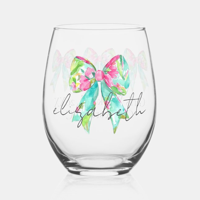 Preppy Pink and Green Bows Personalised Stemless Wine Glass (Front)