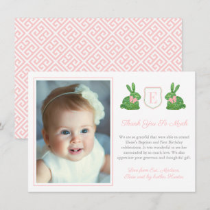 Preppy Pink And Green Boxwood Bunny Baptism Photo Thank You Card