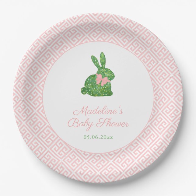 Preppy Pink And Green Bunny Baby Shower Party Paper Plate (Front)
