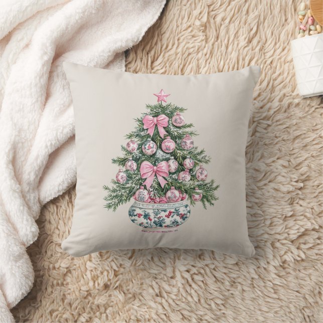 Preppy Pink and Green Chinoiserie Christmas Tree Cushion (Blanket)