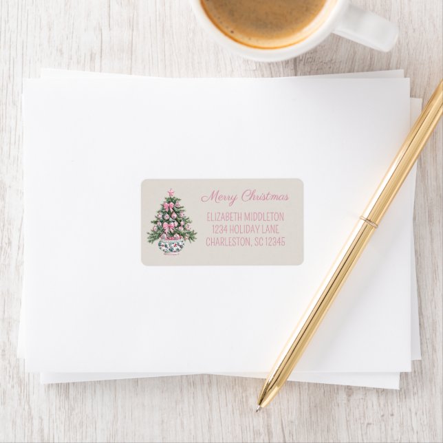 Preppy Pink and Green Chinoiserie Christmas Tree Label (Insitu)