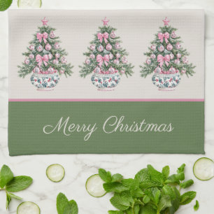 Preppy Pink and Green Chinoiserie Christmas Tree Tea Towel