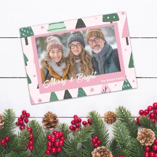 Preppy Pink and Green Christmas Tree Holiday Photo Card