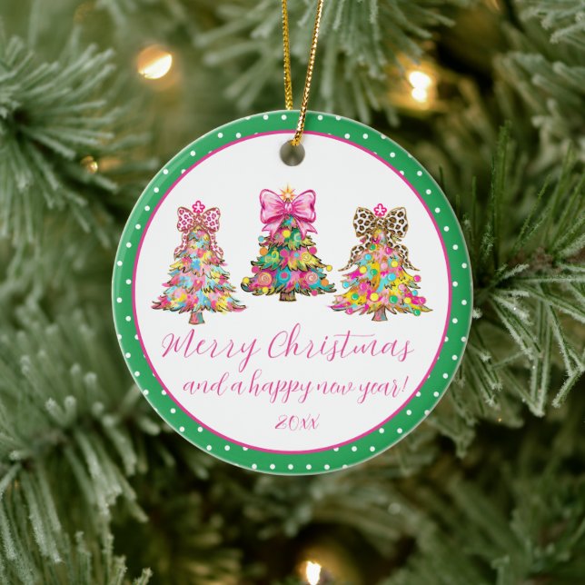 Preppy Pink and Green Christmas Trees Ceramic Ornament (Tree)