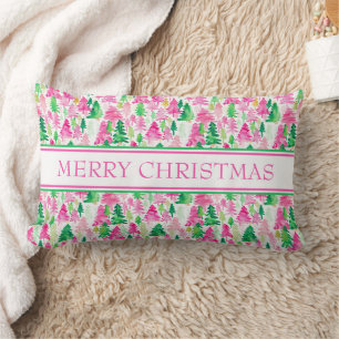 Preppy Pink and Green Christmas Trees Lumbar Cushion