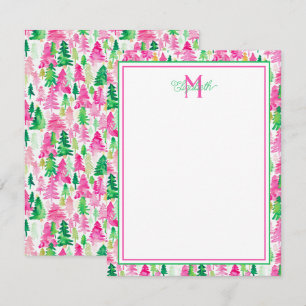 Preppy Pink and Green Christmas Trees Monogram Card