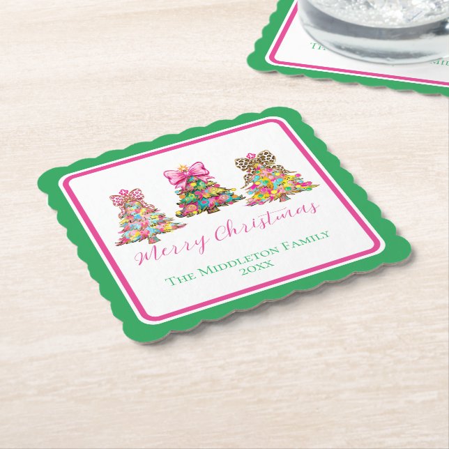 Preppy Pink and Green Christmas Trees Paper Coaster (Angled)