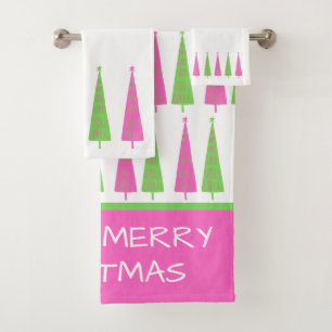 Preppy Pink and Green Christmas Trees Personalised Bath Towel Set