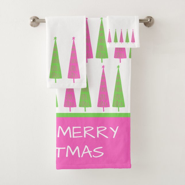 Preppy Pink and Green Christmas Trees Personalised Bath Towel Set (Insitu)