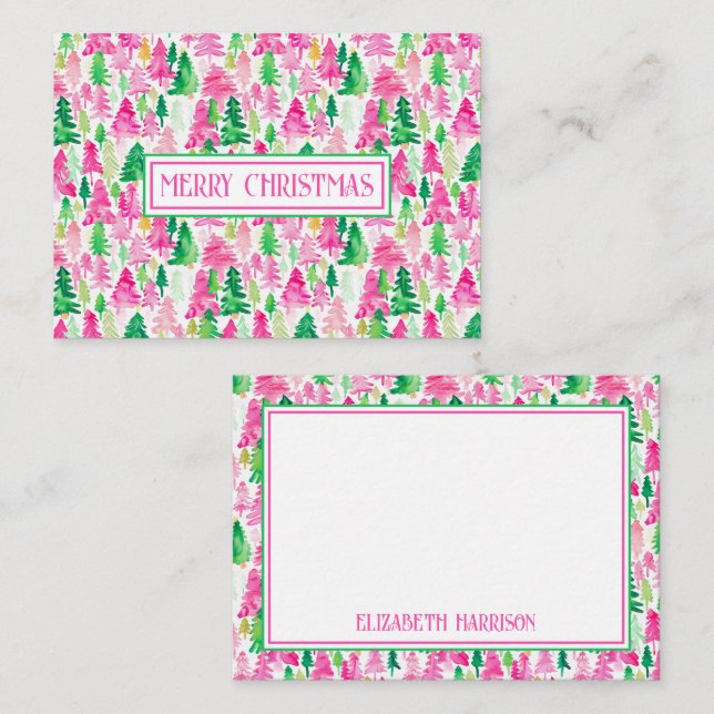 Preppy Pink and Green Christmas Trees Personalised Card (Front/Back)
