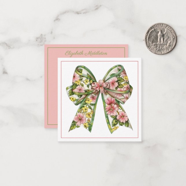 Preppy Pink and Green Floral Bow Personalised Card (Front/Back In Situ)