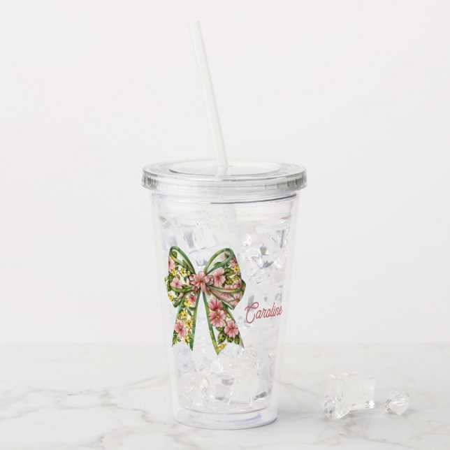 Preppy Pink and Green Floral Bow Personalized Acrylic Tumbler (Front Ice)