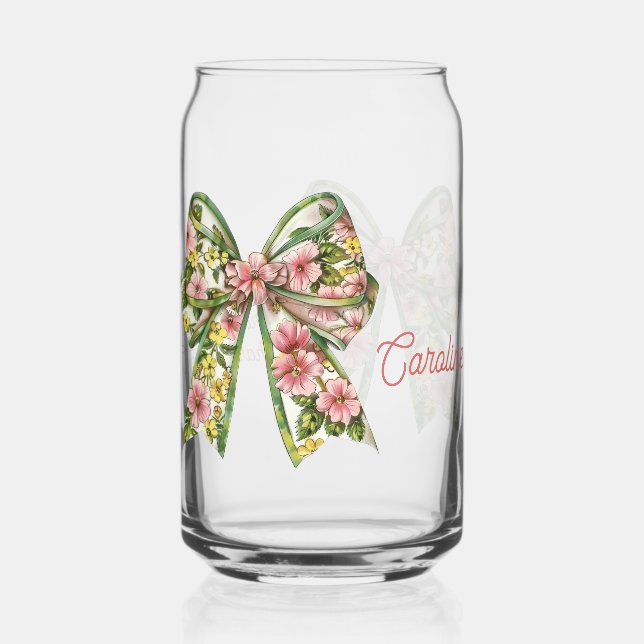 Preppy Pink and Green Floral Bow Personalized Can Glass (Back)