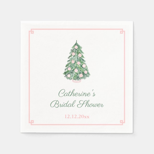 Preppy Pink And Green Holidays Tree Wedding Shower Napkin (Front)