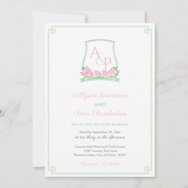 Preppy Pink And Green Hydrangea Crest Wedding Invitation (Front)