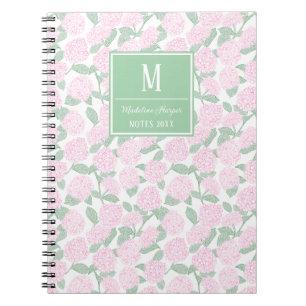 Preppy Pink and Green Hydrangeas Monogram Notebook