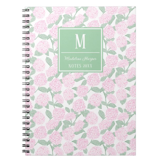 Preppy Pink and Green Hydrangeas Monogram Notebook (Front)