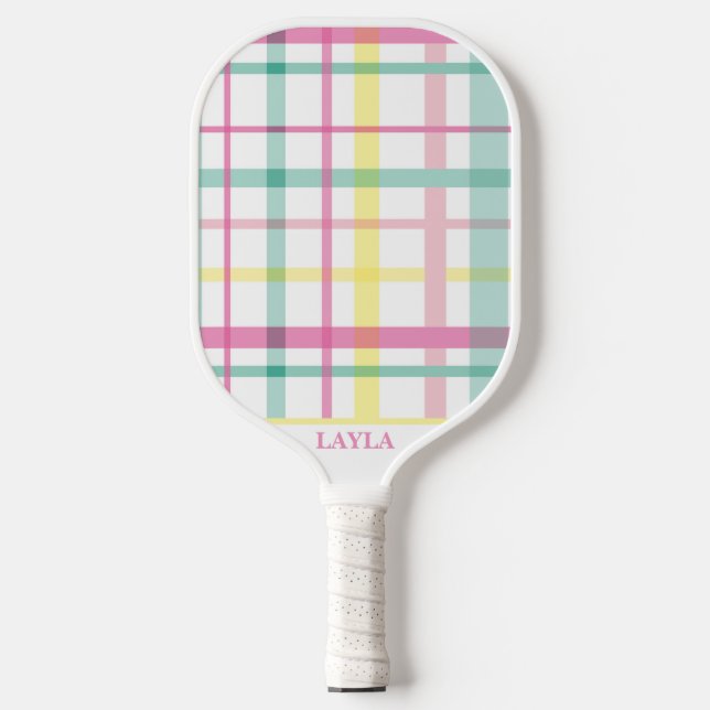 Preppy Pink and Green Large Plaid Pickleball Paddle (Front)