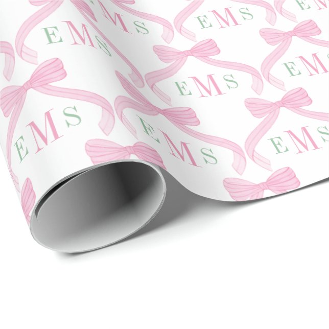 Preppy Pink And Green Monogram Bows Baby Girl Wrapping Paper (Roll Corner)