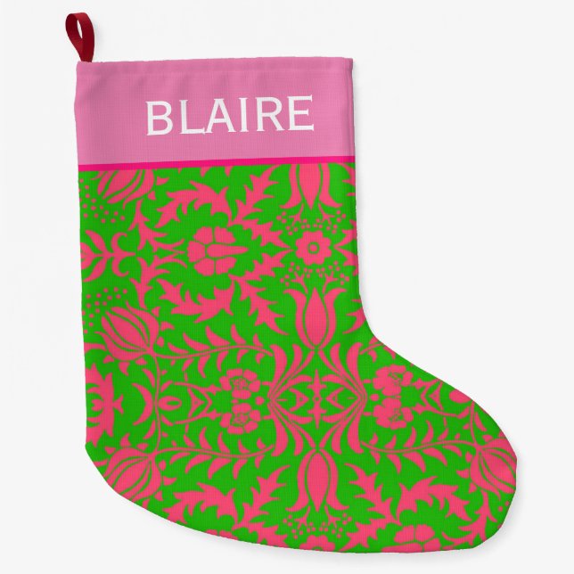 Preppy Pink and Green Monogram Large Christmas Stocking (Front)