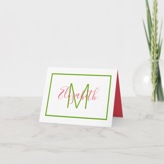 Preppy Pink and Green Monogram Note Card (Front)